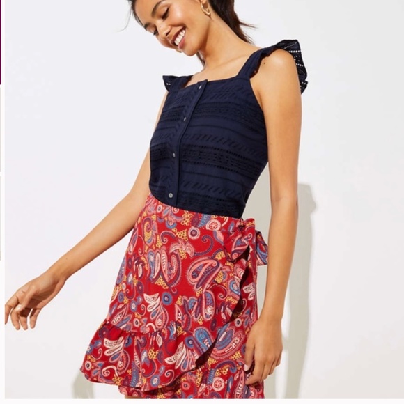 LOFT Paisley Ruffle Wrap Skirt - Zesty Red, Sz 8, EUC - Picture 1 of 6